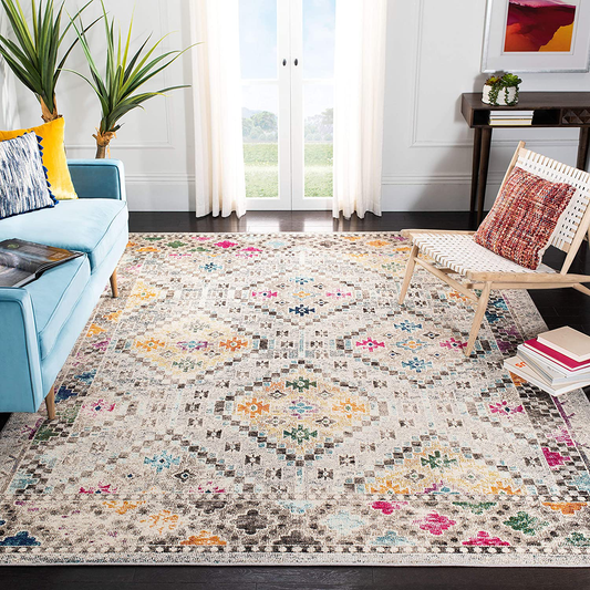 Rynx | Safavieh Madison Collection Mad418f Boho Diamond Distressed Non-Shedding Stain Resistant Living Room Bedroom Area Rug, 3' X 3' Square, Gray / Yellow