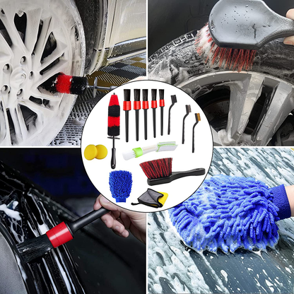 Rynx | Jaronx 15 PCS Car Wheel & Tire Brush Set, 17 Inch Long Handle Rim Brush, Short Handle Wheel Brush, Detailing Brushes, Wash Mitts, Ventilation Dust Brush, Wax Applicator Pads, Wash Cloths, Wash Brushes