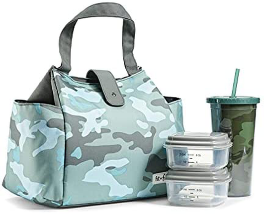 Rynx | Fit + Fresh Westport Insulated Soft Lined Lunch Bag Set With Reusable Containers, And Matching Water Bottle, Sage Camo