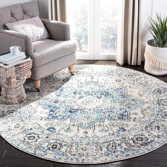 Rynx | Safavieh Madison Collection Mad603k Oriental Snowflake Medallion Worn Non-Shedding Stain Resistant Living Room Bedroom Area Rug, 4' X 4' Round, Turquoise / Ivory