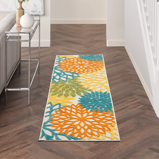 Rynx | Nourison Aloha Indoor/Outdoor Flower Turquoise Multicolor 2'3" x 8' Area Rug, (8' Runner)