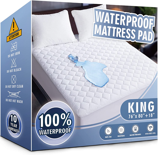 Rynx | Waterproof mattress protector kingsize, soft and breathable quilted mattress protector, 6''-18'' deep pocket tailored mattress cover, white