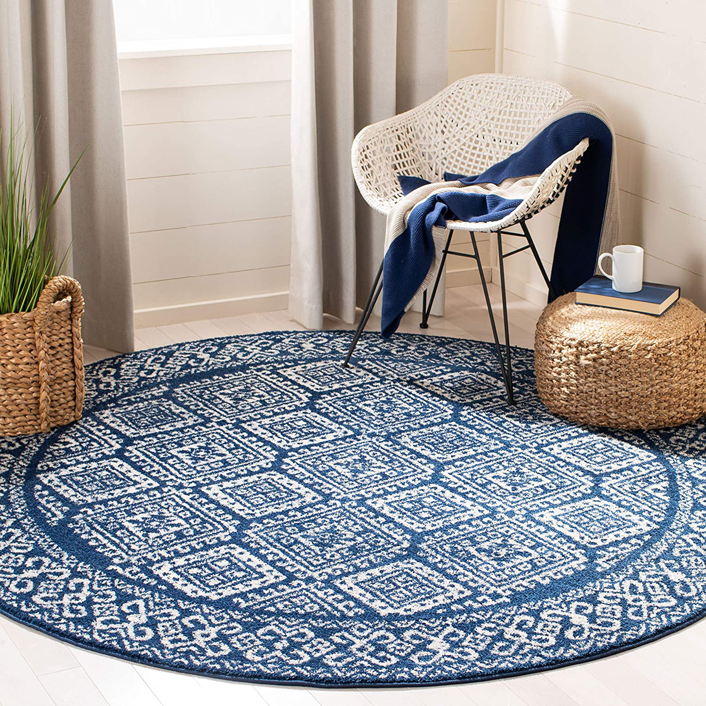 Rynx | Safavieh Tulum Collection TUL264N Moroccan Boho Distressed Non-Shedding Dining Room Entryway Foyer Living Room Bedroom Area Rug, 5' x 5' Round, Navy / Ivory