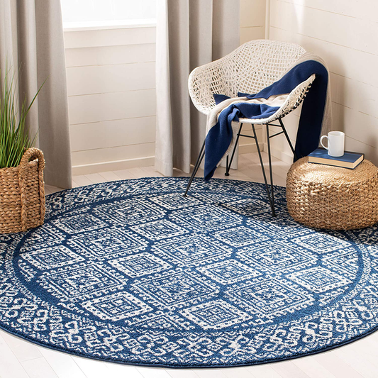 Rynx | Safavieh Tulum Collection TUL264N Moroccan Boho Distressed Non-Shedding Dining Room Entryway Foyer Living Room Bedroom Area Rug, 5' x 5' Round, Navy / Ivory