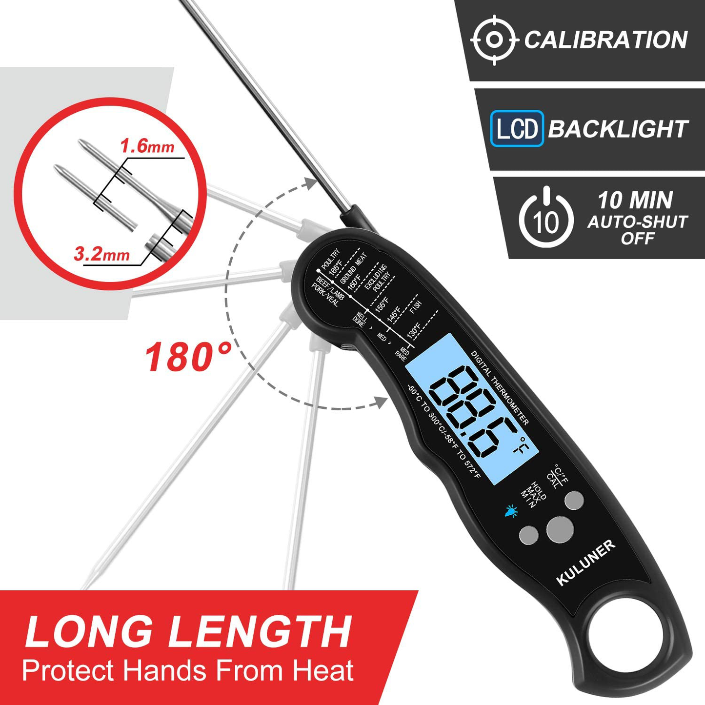 Rynx | KULUNER TP-01 Waterproof Digital Type Thermometer with 4.6” Foldable Probe Backlight & Calibration Function for Cooking Food Candy, BBQ Grill, Liquids, Beef (Red)