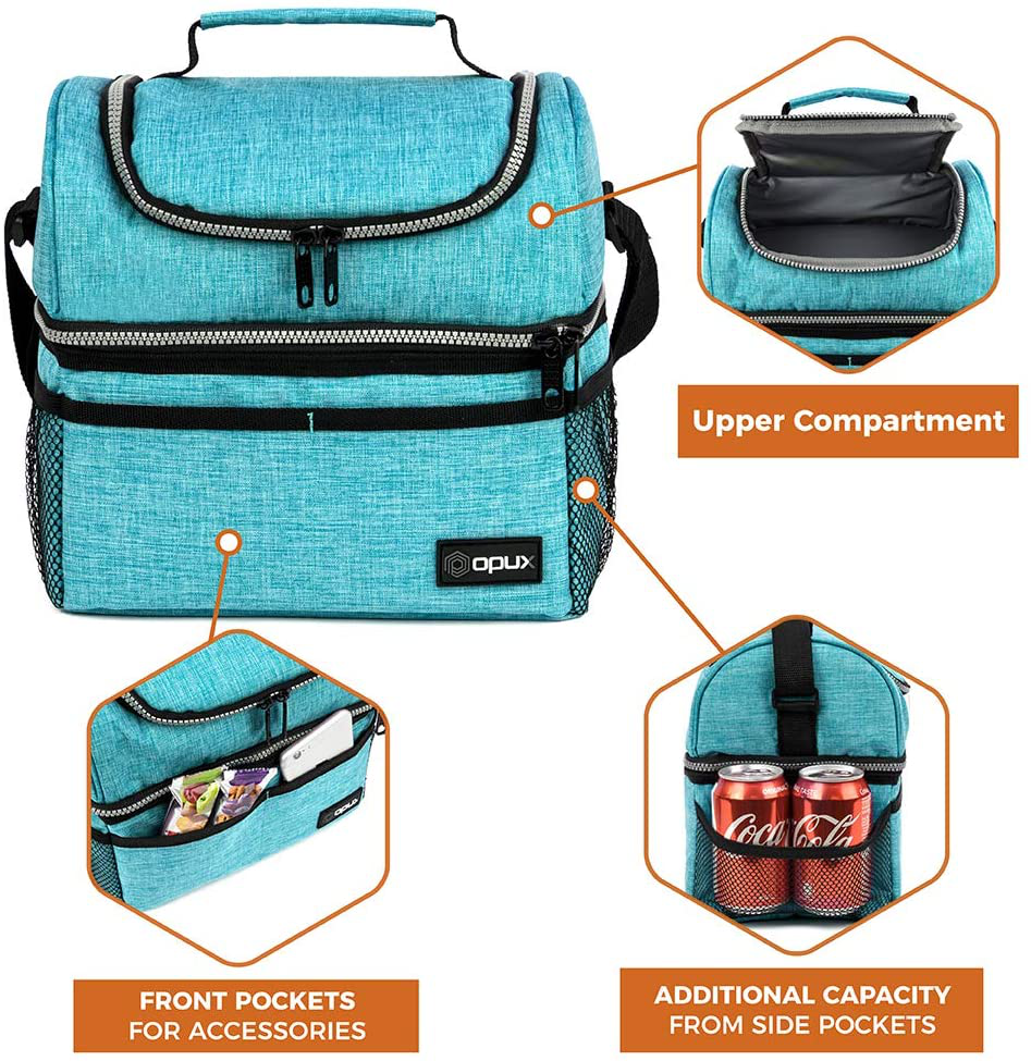 Rynx | Insulated Double-decker Lunch Box For Men, Women | Double Layer Reusable Cooler Lunch Box With Shoulder Strap, Leakproof Liner | Medium Lunch Box For School, Work, Office (Heather Gray)