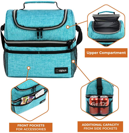 Rynx | Insulated Double-decker Lunch Box For Men, Women | Double Layer Reusable Cooler Lunch Box With Shoulder Strap, Leakproof Liner | Medium Lunch Box For School, Work, Office (Heather Gray)