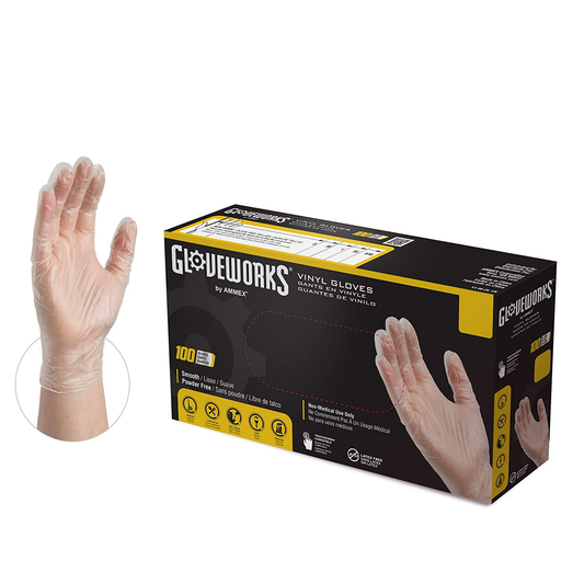 Rynx | GLOVEWORKS Clear Vinyl Industrial Gloves, Box of 100, 3 Mil, Size Small, Latex Free, Powder Free, Food Safe, Disposable, Non-Sterile, IVPF42100-BX