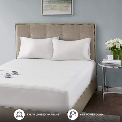 Rynx | Serta Waterproof Mattress Pad - Cotton Blend Electric Bed Warmer With 10 Heat Settings Control Zero Radiation, Automatic Shut-off, 18" Deep Fully Fitted Elastic Pocket, Twin XL, White