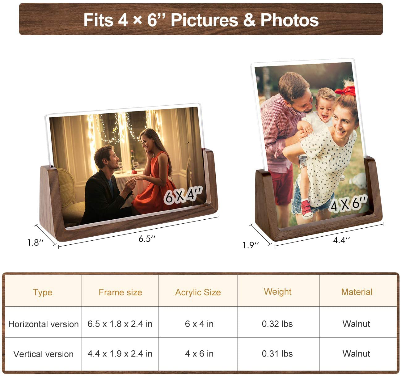 Rynx | Mixoo Picture Frame 2 Pack - Rustic Wood Picture Frames with Walnut Wood Base and High-Resolution Shatterproof Acrylic Glass Cover for Table or Desktop Display (4x6 inches, Horizontal + Vertical)