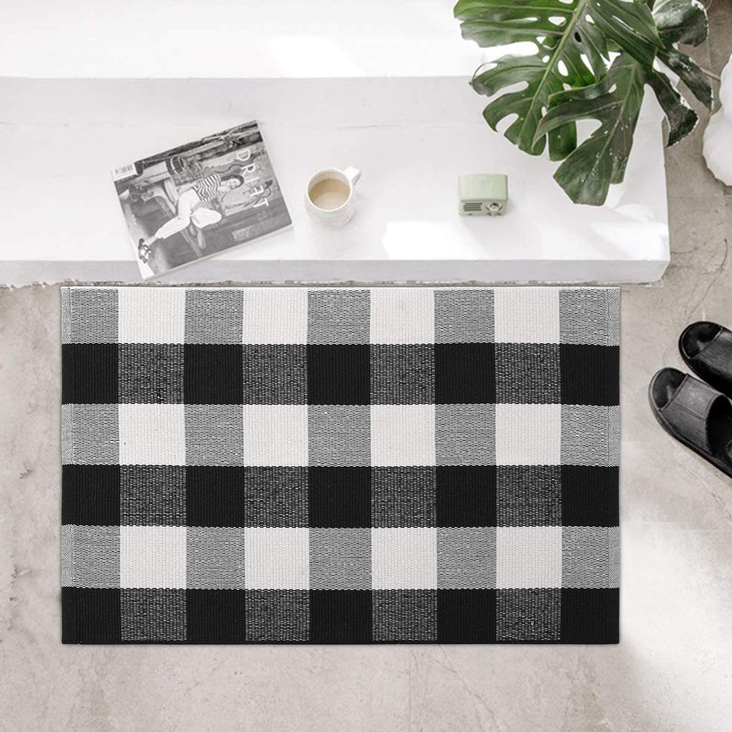 Rynx | Black and White Buffalo Check Rug 47'' X 71'', Kimode Country Cotton Woven Floor Mat, Washable Collection Living Room Rug for Living Room Bedroom Dining Room