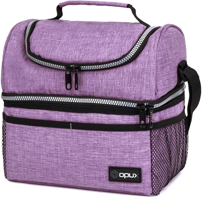 Rynx | Insulated Dual Compartment Lunch Bag For Women, Ladies | Double Tier Reusable Lunch Box Cooler With Shoulder Strap, Leakproof Lining | Medium Lunch Bucket For School, Work, Office (Heather Purple)