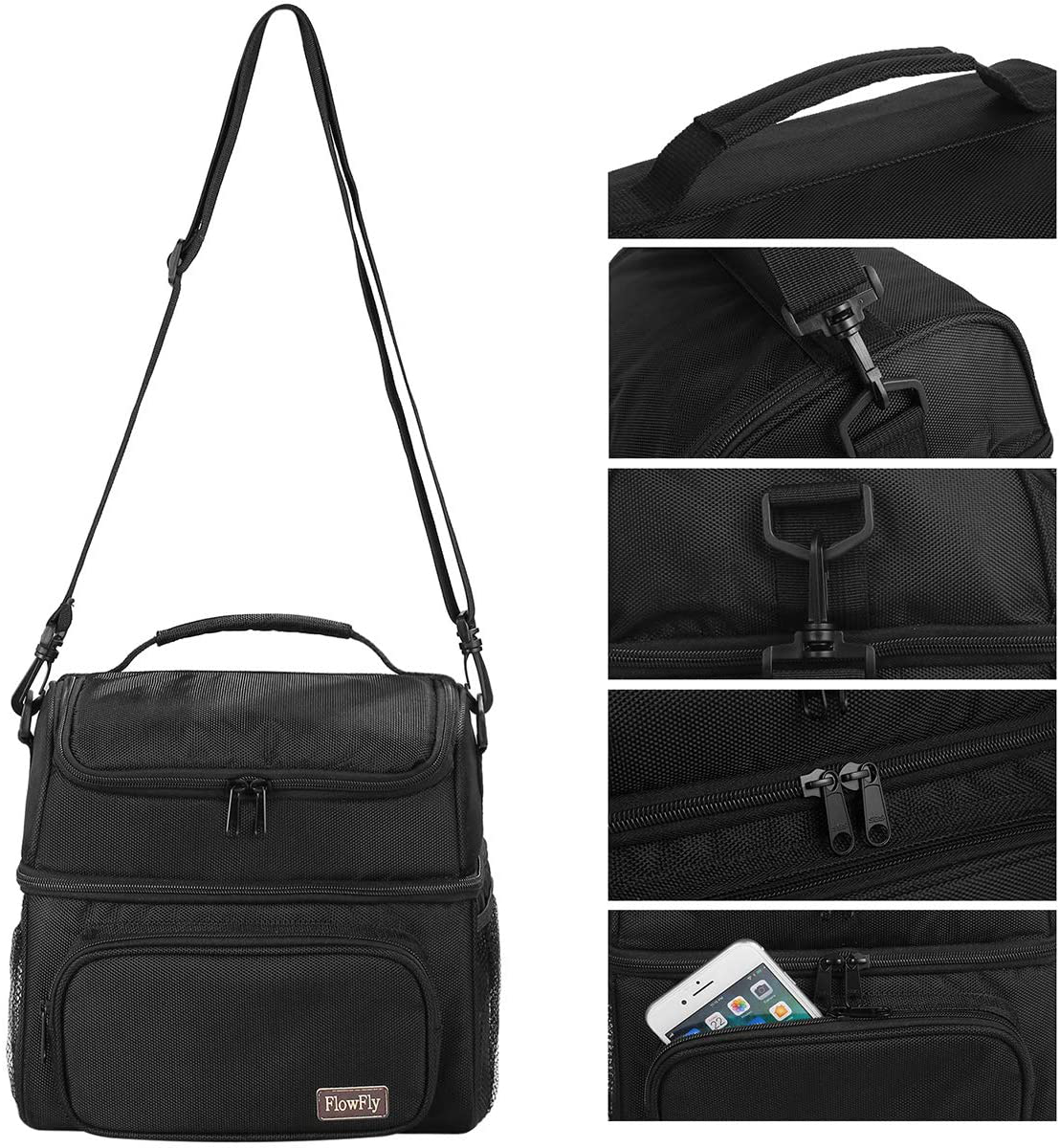 Rynx | Flowfly Double Layer Cooler Insulated Lunch Bag Adult Lunch Box Large Tote Bag For Men, Women, With Adjustable Strap, Front Pocket And Double Large Mesh Pockets, Lake Blue