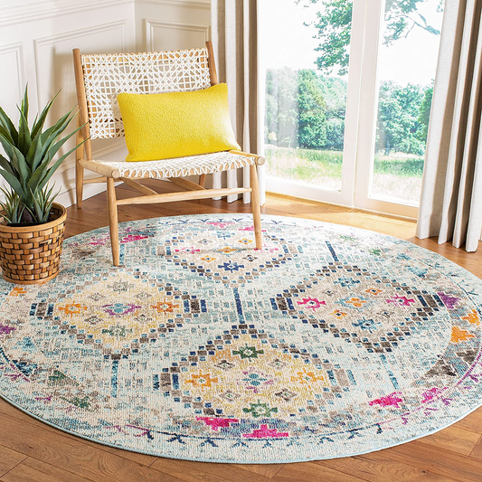 Rynx | Safavieh Madison Collection MAD418K Boho Diamond Distressed Non-Shedding Stain Resistant Living Room Bedroom Area Rug, 3' x 3' Round, Blue / Yellow