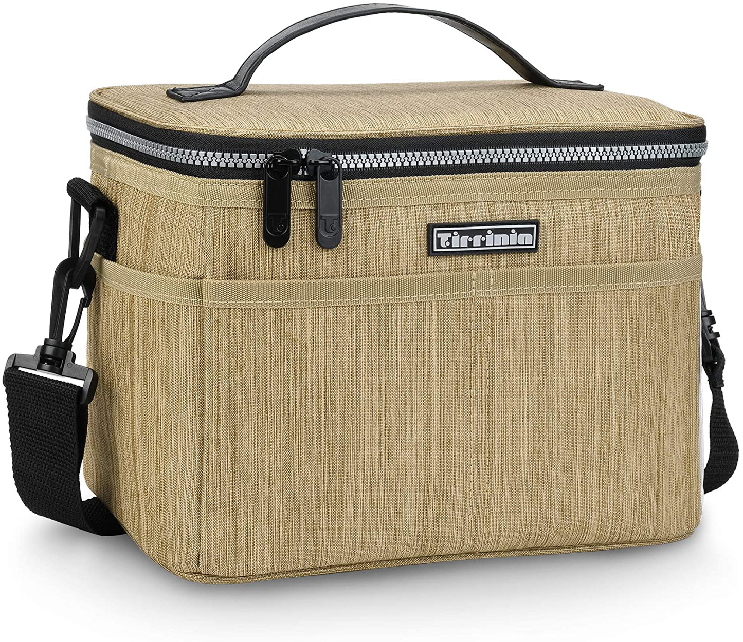 Rynx | Tirrinia Insulated Lunch Bag With Leather Handle For Women/Men, Leakproof Thermal Reusable Lunch Tote With Multifunctional Strap For Adults & Kids, Lunch Cooler For Work With Durable Pocket, Khaki