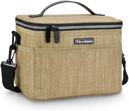 Rynx | Tirrinia Insulated Lunch Bag With Leather Handle For Women/Men, Leakproof Thermal Reusable Lunch Tote With Multifunctional Strap For Adults & Kids, Lunch Cooler For Work With Durable Pocket, Khaki