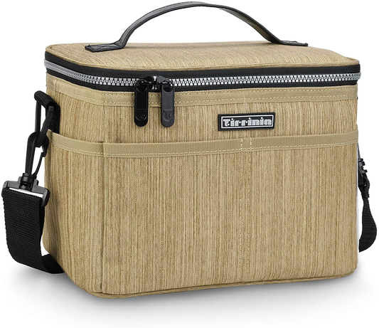 Rynx | Tirrinia Insulated Lunch Bag With Leather Handle For Women/Men, Leakproof Thermal Reusable Lunch Tote With Multifunctional Strap For Adults & Kids, Lunch Cooler For Work With Durable Pocket, Khaki