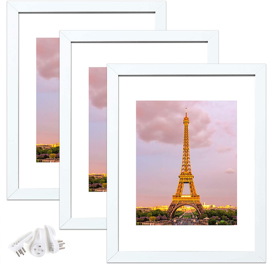 Rynx | upsimples 11x14 picture framing set of 3, made of high-resolution glass for 8x10 with mat or 11x14 without mat, wall-mounted picture framing white