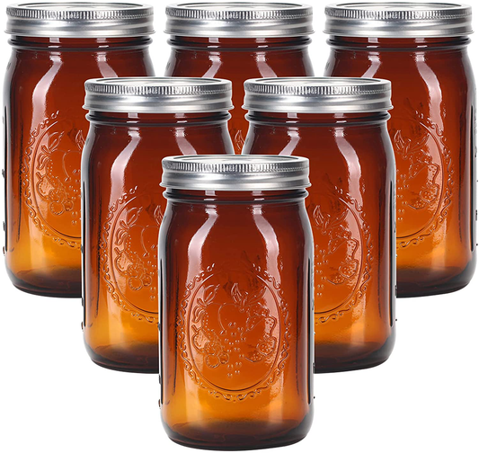 Rynx | Eleganttime Amber Glass Mason Jars 32 Oz Wide Mouth With Airtight Lids And Bands 6 Pack Large Glass Canning Mason Jars With Lids Quart Wide Mason Jars, Great For Canning Jar Pickle Fermenting Jam Jar