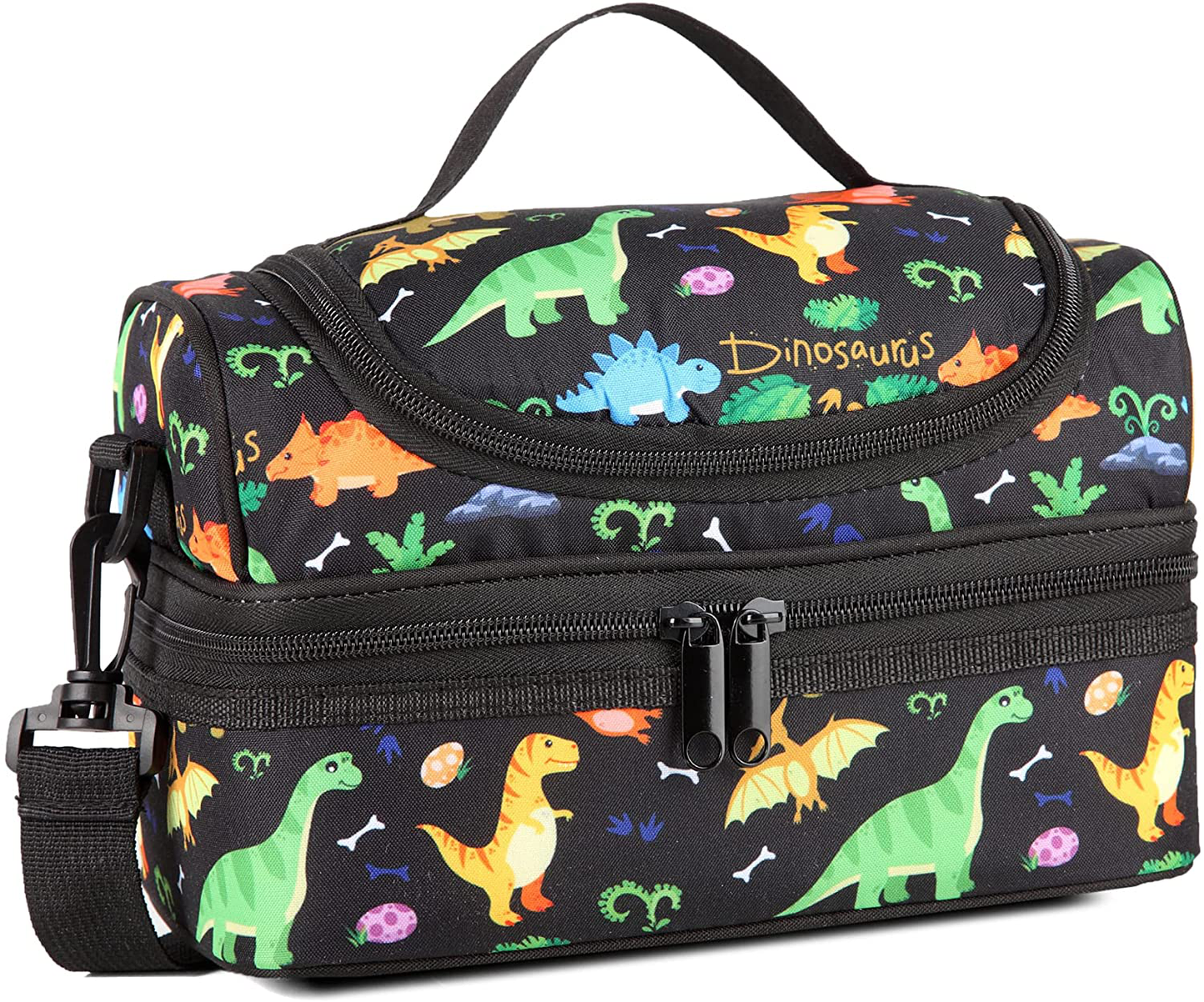 Rynx | Lunch bag for boys, Kasqo insulated cooler bag children's lunch bag with double compartments, black dinosaur