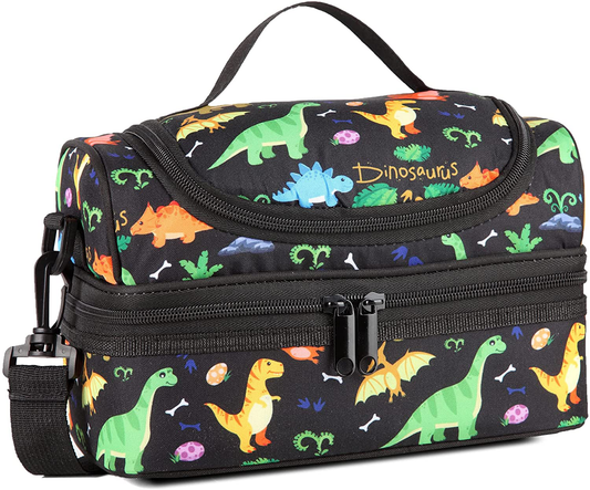 Rynx | Lunch bag for boys, Kasqo insulated cooler bag children's lunch bag with double compartments, black dinosaur