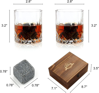 Rynx | Whiskey Stones Gift Set - Whiskey Glass Set of 2 - Granite Cooling Whiskey Stones - Scotch Bourbon Whiskey Glass Gift Box Set - Best Drinking Gifts for Men Dad Husband Birthday Party Holiday Gift