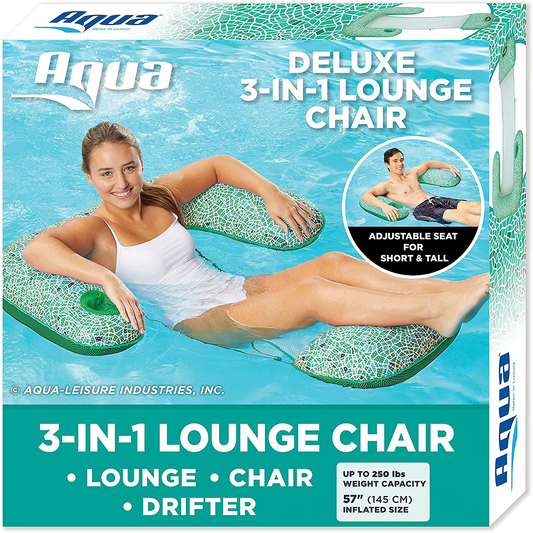 Rynx | Aqua LEISURE Mosaic 3-in-1 Pool Lounge Chair with Length Adjustment, Multi-use Inflatable (Chair, Drift, Lounge) Pool Floater, Green Mosaic (AZL17010MG)
