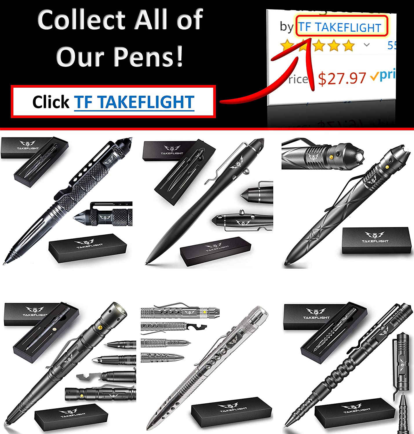 Rynx | TAKEFLIGHT Tactical Pen Survival Gear – Aviation Grade Aluminum LED Tactical Flashlight Multitool – Sturdy, Lightweight EDC Pen Survival Tool – Glass Breaker, Corkscrew, Screwdriver, Gift Box