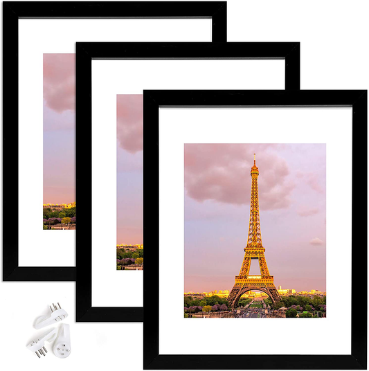 Rynx | upsimples 11x14 Picture Frame Set of 3, Made of High Definition Glass for 8x10 with Mat or 11x14 without Mat, Wall Mounted Picture Frame Black