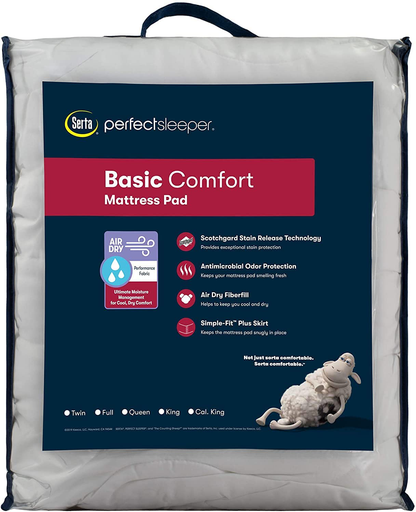 Rynx | Serta Perfect Sleeper Basic Comfort mattress protector, air dry moisture wicking, microfiber filling, Scotchgard stain protection, antimicrobial odor protection, cooling, queen, white