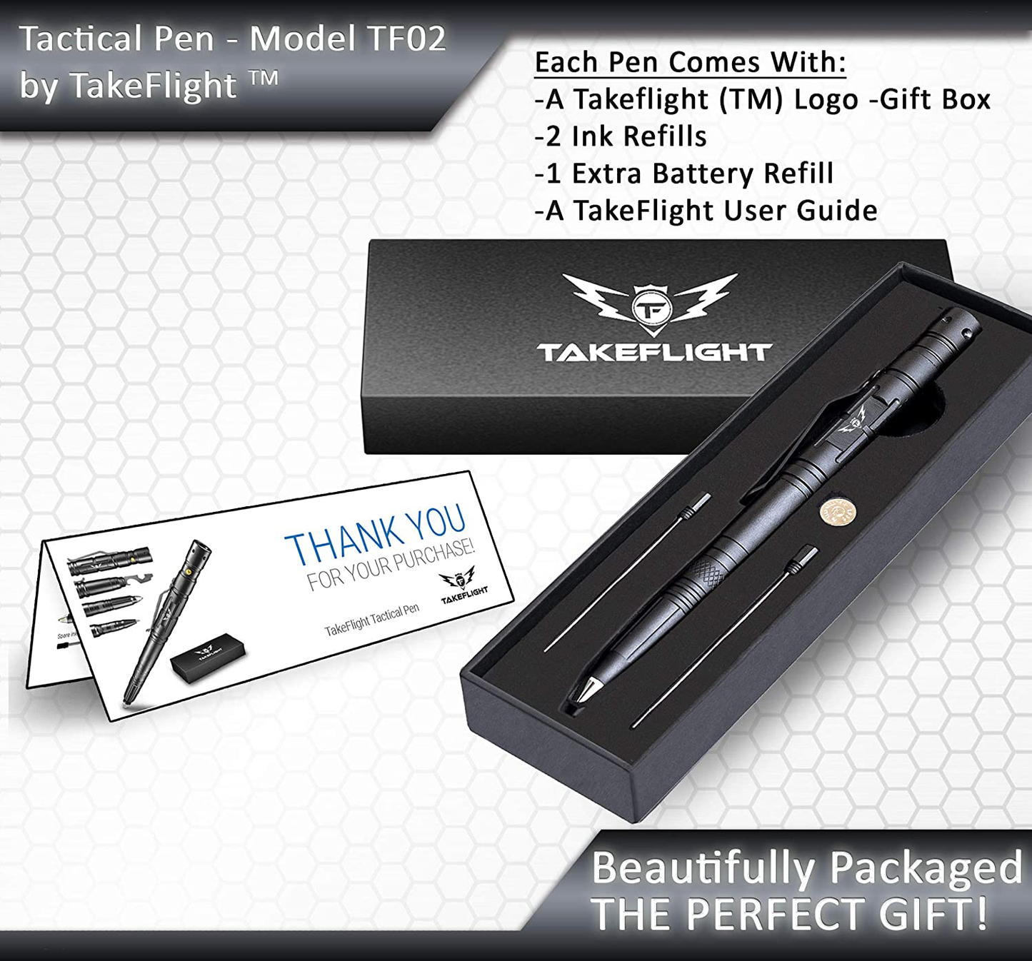 Rynx | TAKEFLIGHT Tactical Pen Survival Gear – Aviation Grade Aluminum LED Tactical Flashlight Multitool – Sturdy, Lightweight EDC Pen Survival Tool – Glass Breaker, Corkscrew, Screwdriver, Gift Box
