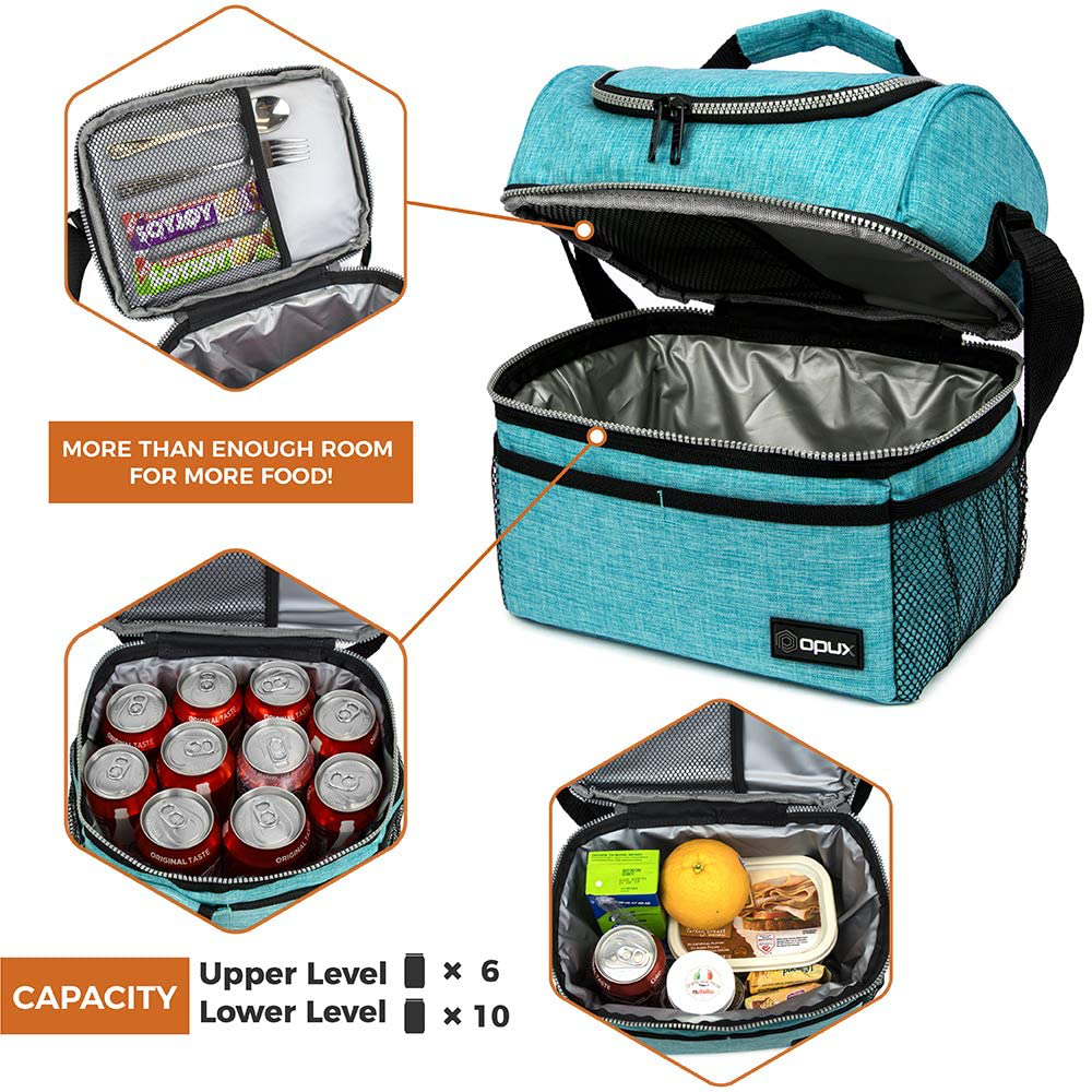 Rynx | Insulated Double-decker Lunch Box For Men, Women | Double Layer Reusable Cooler Lunch Box With Shoulder Strap, Leakproof Liner | Medium Lunch Box For School, Work, Office (Heather Gray)