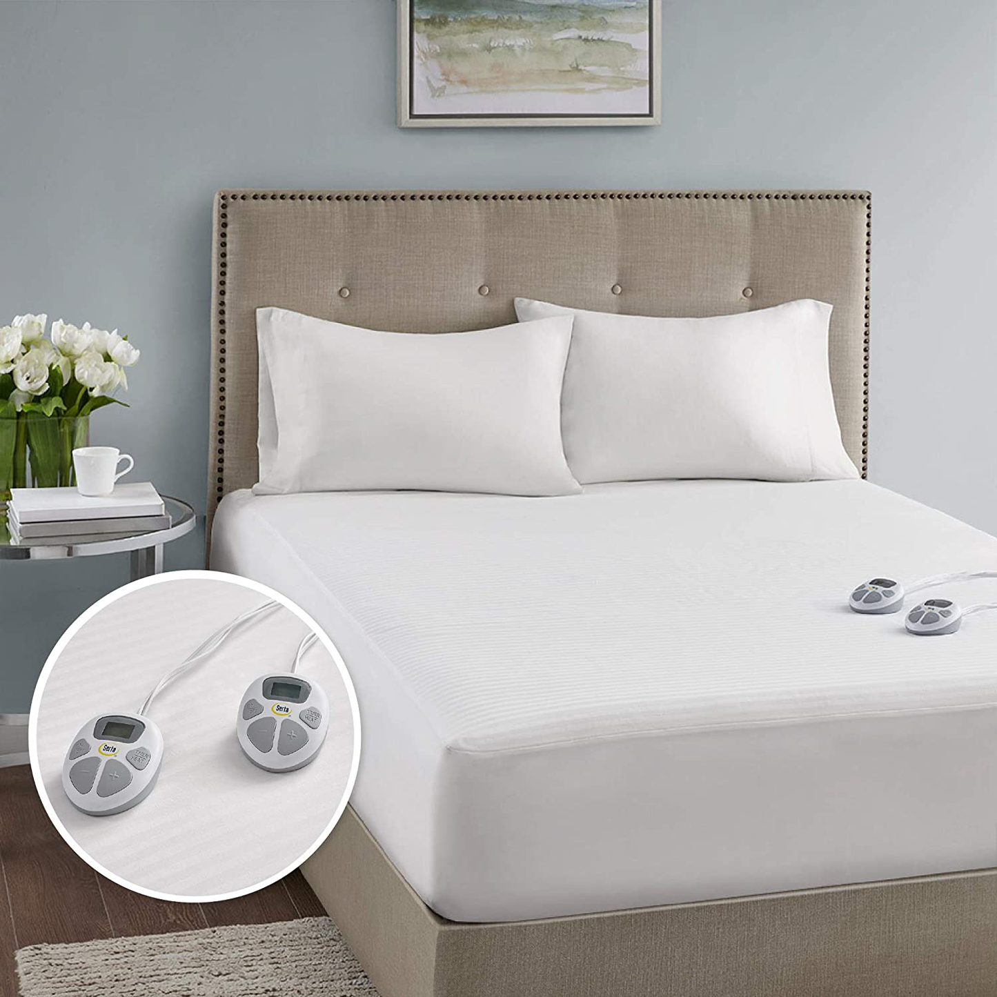 Rynx | Serta Waterproof Mattress Pad - Cotton Blend Electric Bed Warmer With 10 Heat Settings Control Zero Radiation, Automatic Shut-off, 18" Deep Fully Fitted Elastic Pocket, Twin XL, White