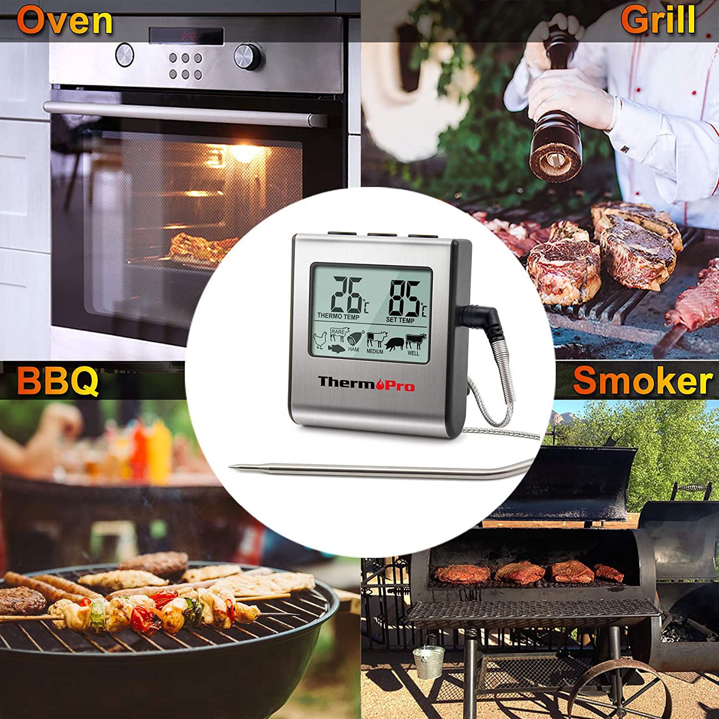 Rynx | ThermoPro TP-16 Large LCD Digital Cooking Mat Meat Smoker Kitchen BBQ Grill Thermometer Clock Timer with Stainless Steel Probe