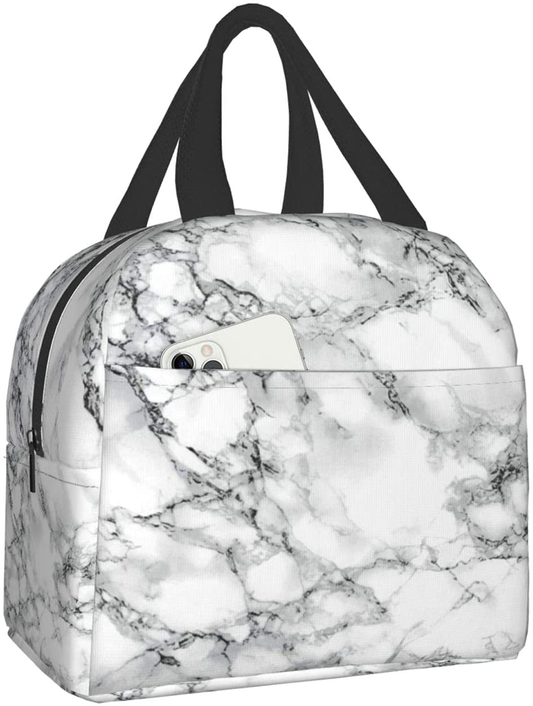 Rynx | Simple Insulated Lunch Bags For Women Men, Cute Reusable Lunch Boxes Small Suitable Girls Boys Teenagers Work Picnic Travel, White Marble