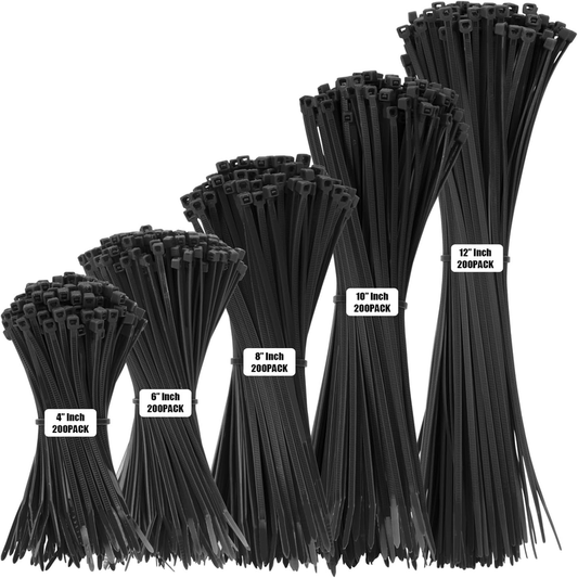 Rynx | 1000 PCS Self-Binding Heavy Duty Cable Zip Ties - 4+6+8+10+12 Inches