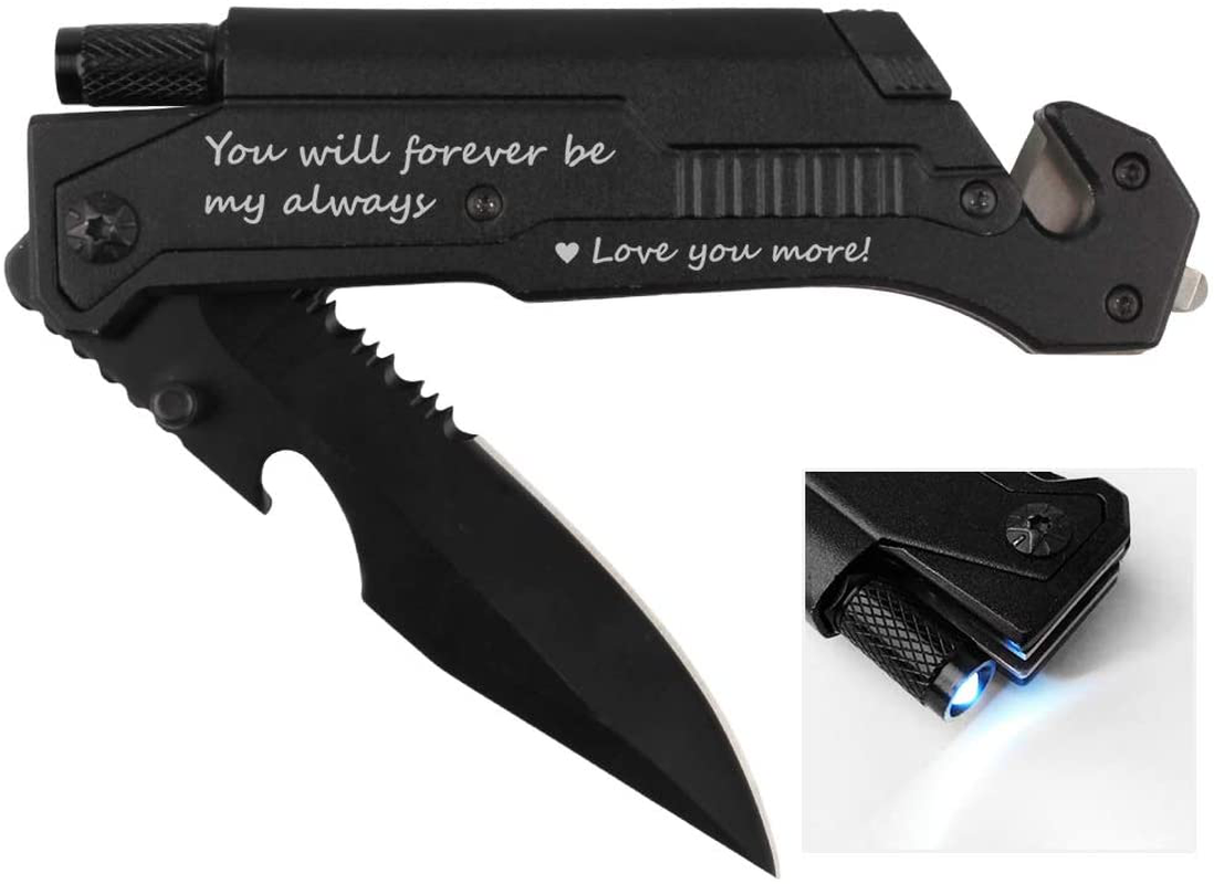 Rynx | Spouse birthday gift, pocket knife with 6 functions, LED light, fire starter, bottle opener, seat belt cutter, glass breaker, anniversary gift for men, boyfriend, Father's Day