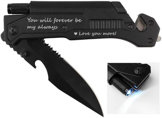 Rynx | Spouse birthday gift, pocket knife with 6 functions, LED light, fire starter, bottle opener, seat belt cutter, glass breaker, anniversary gift for men, boyfriend, Father's Day