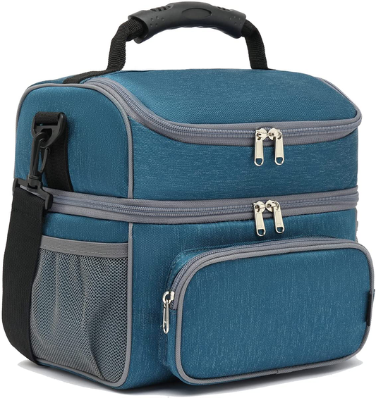 Rynx | Flowfly Double Layer Cooler Insulated Lunch Bag Adult Lunch Box Large Tote Bag For Men, Women, With Adjustable Strap, Front Pocket And Double Large Mesh Pockets, Lake Blue
