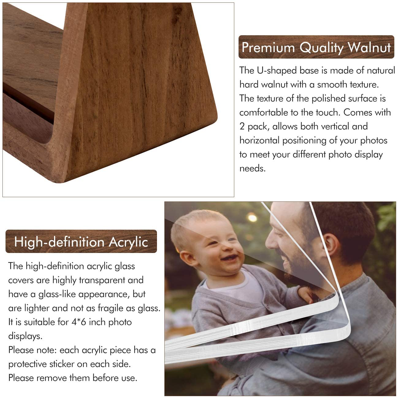 Rynx | Mixoo Picture Frame 2 Pack - Rustic Wood Picture Frames with Walnut Wood Base and High-Resolution Shatterproof Acrylic Glass Cover for Table or Desktop Display (4x6 inches, Horizontal + Vertical)