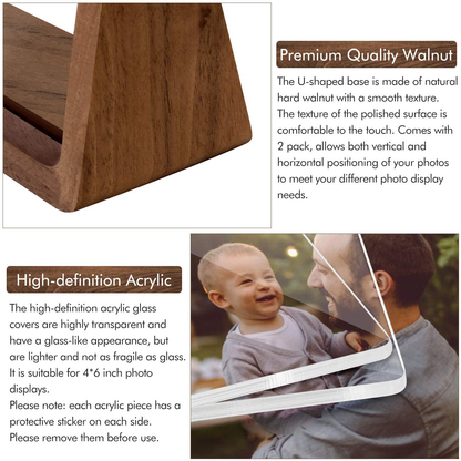 Rynx | Mixoo Picture Frame 2 Pack - Rustic Wood Picture Frames with Walnut Wood Base and High-Resolution Shatterproof Acrylic Glass Cover for Table or Desktop Display (4x6 inches, Horizontal + Vertical)