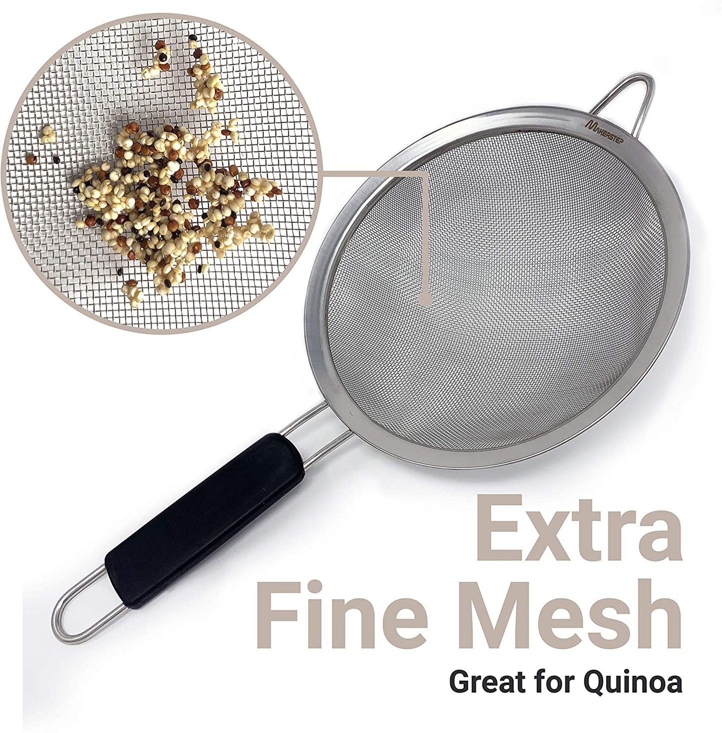 Rynx | Makerstep Set of 3 Stainless Steel Fine Mesh Strainers. Graduated Sizes 3.38", 5.5", 7.87" Strainer Wire Sieve Sifter with Insulated Handle for Kitchen Tools Gadgets