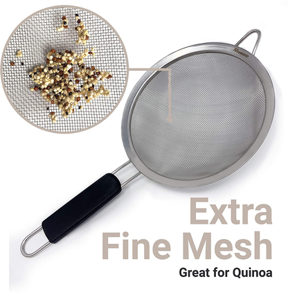 Rynx | Makerstep Set of 3 Stainless Steel Fine Mesh Strainers. Graduated Sizes 3.38", 5.5", 7.87" Strainer Wire Sieve Sifter with Insulated Handle for Kitchen Tools Gadgets