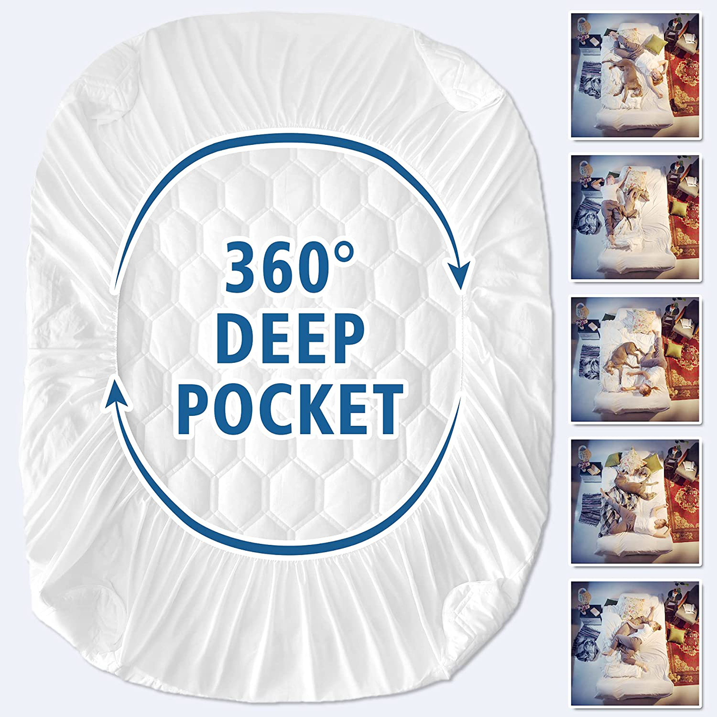 Rynx | Waterproof mattress protector for double bed, breathable mattress protector with 6-16 inch deep pocket, quilted alternative hollow cotton filling mattress cover, white