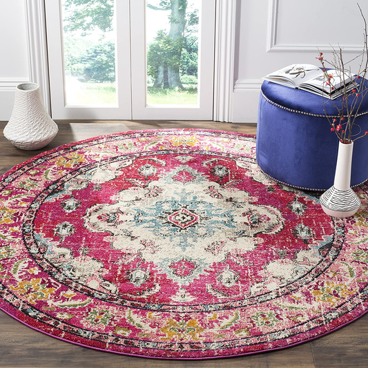 Rynx | Safavieh Monaco Collection MNC243D Boho Chic Medallion Distressed Non-Shedding Stain Resistant Living Room Bedroom Area Rug, 3' x 3' Round, Pink / Multi