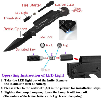 Rynx | Spouse birthday gift, pocket knife with 6 functions, LED light, fire starter, bottle opener, seat belt cutter, glass breaker, anniversary gift for men, boyfriend, Father's Day