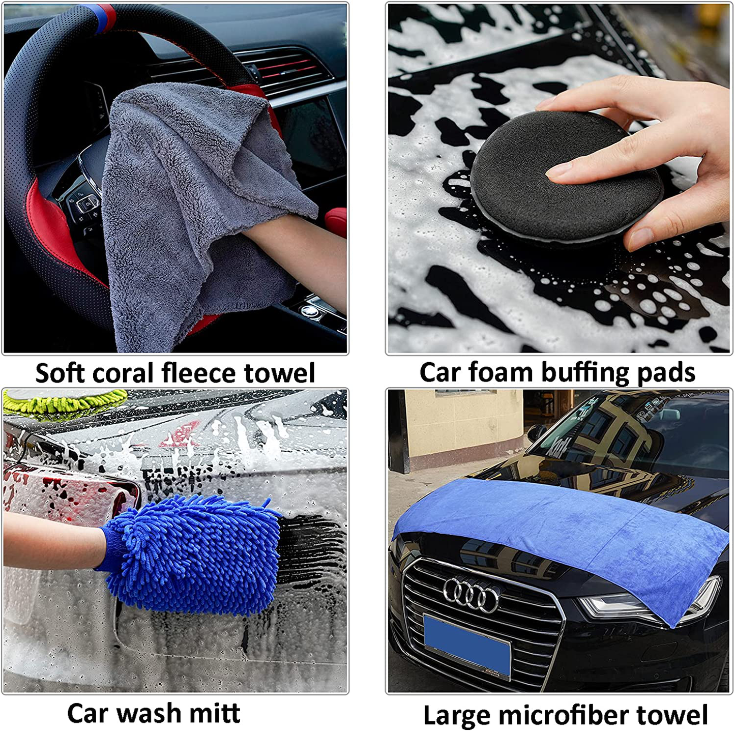 Rynx | Forcar 15pcs Car Cleaning Kit, Car Wash Brush With 43" Long Handle, Chenille Microfiber Glove, Extendable Long Pole Window Water Scraper For Interior And Exterior Car Detailing Kit