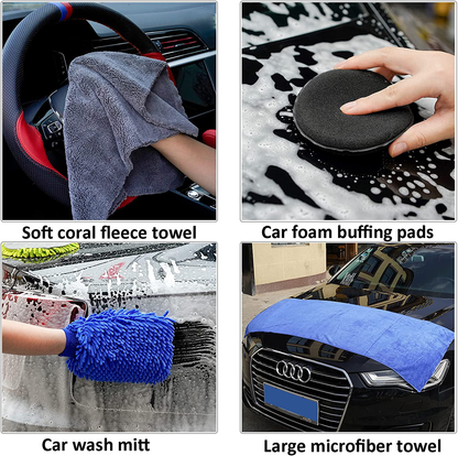 Rynx | Forcar 15pcs Car Cleaning Kit, Car Wash Brush With 43" Long Handle, Chenille Microfiber Glove, Extendable Long Pole Window Water Scraper For Interior And Exterior Car Detailing Kit