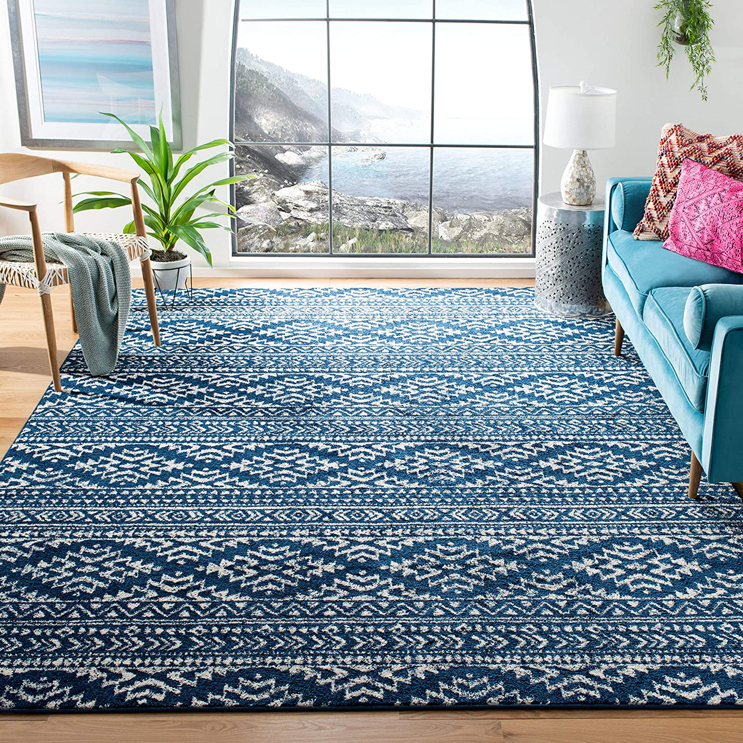 Rynx | Safavieh Tulum Collection TUL272D Moroccan Boho Tribal Non-Shedding Stain Resistant Living Room Bedroom Runner, 2' x 13', Ivory / Navy Blue
