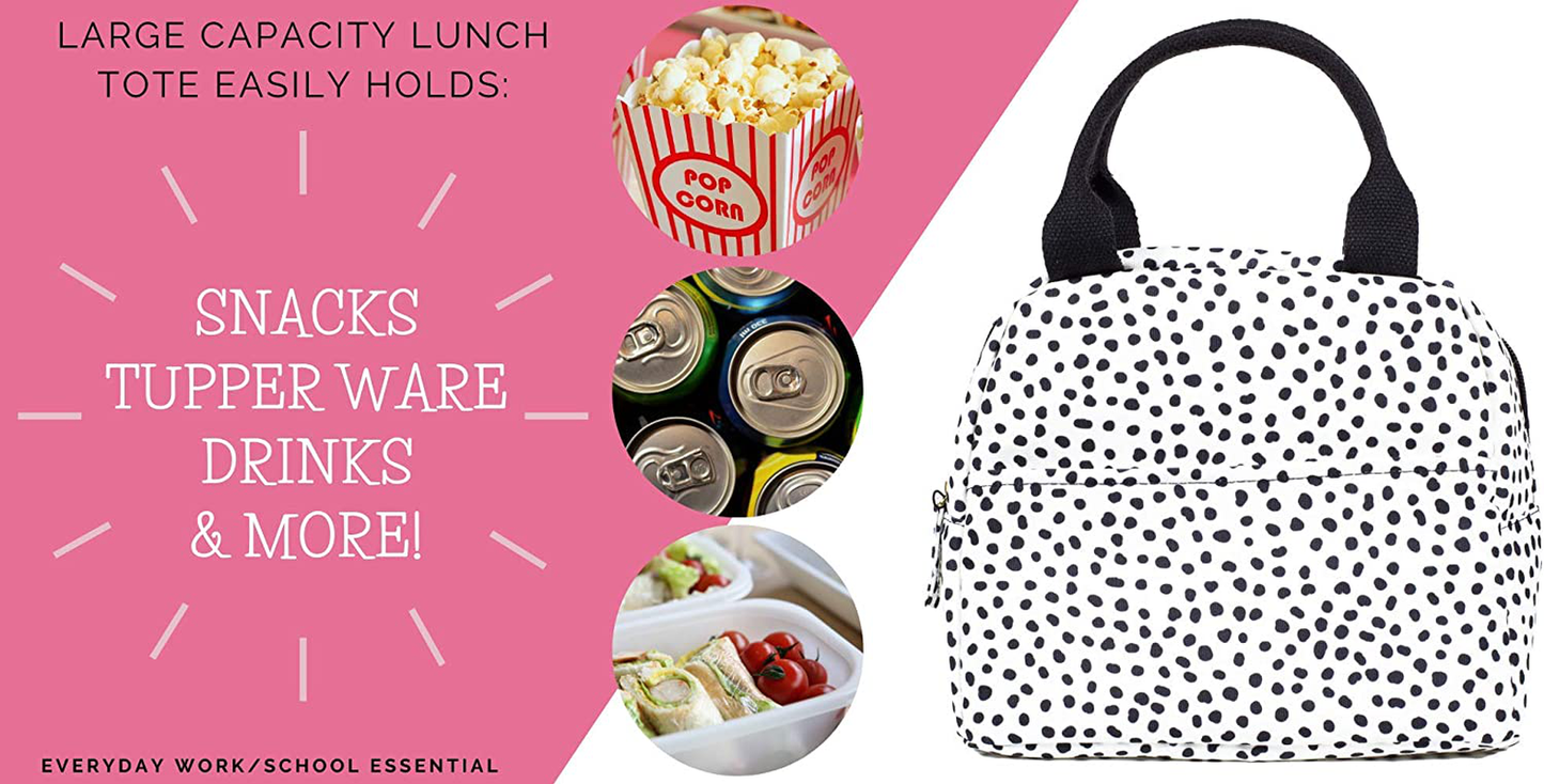 Rynx | Steel Mill & Co Lite Insulated Lunchbox, Large Capacity Reusable Cooler Tote With Zipper Closure, Pockets, Sturdy Handle, Black Dots